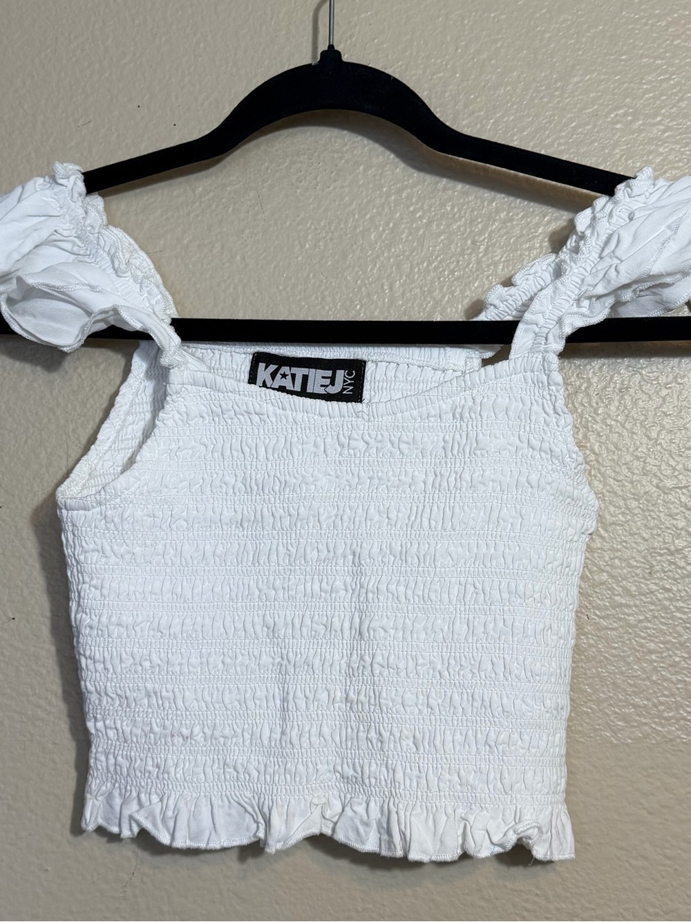 Katie J NYC White Smocked Ruffle Tank Top